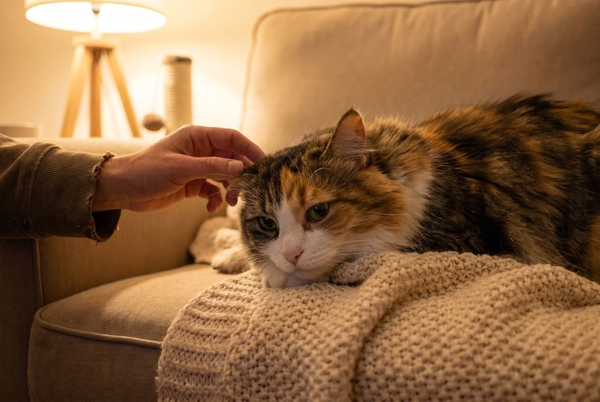 Υιοθετημένη γάτα ξεκουράζεται στον καναπέ