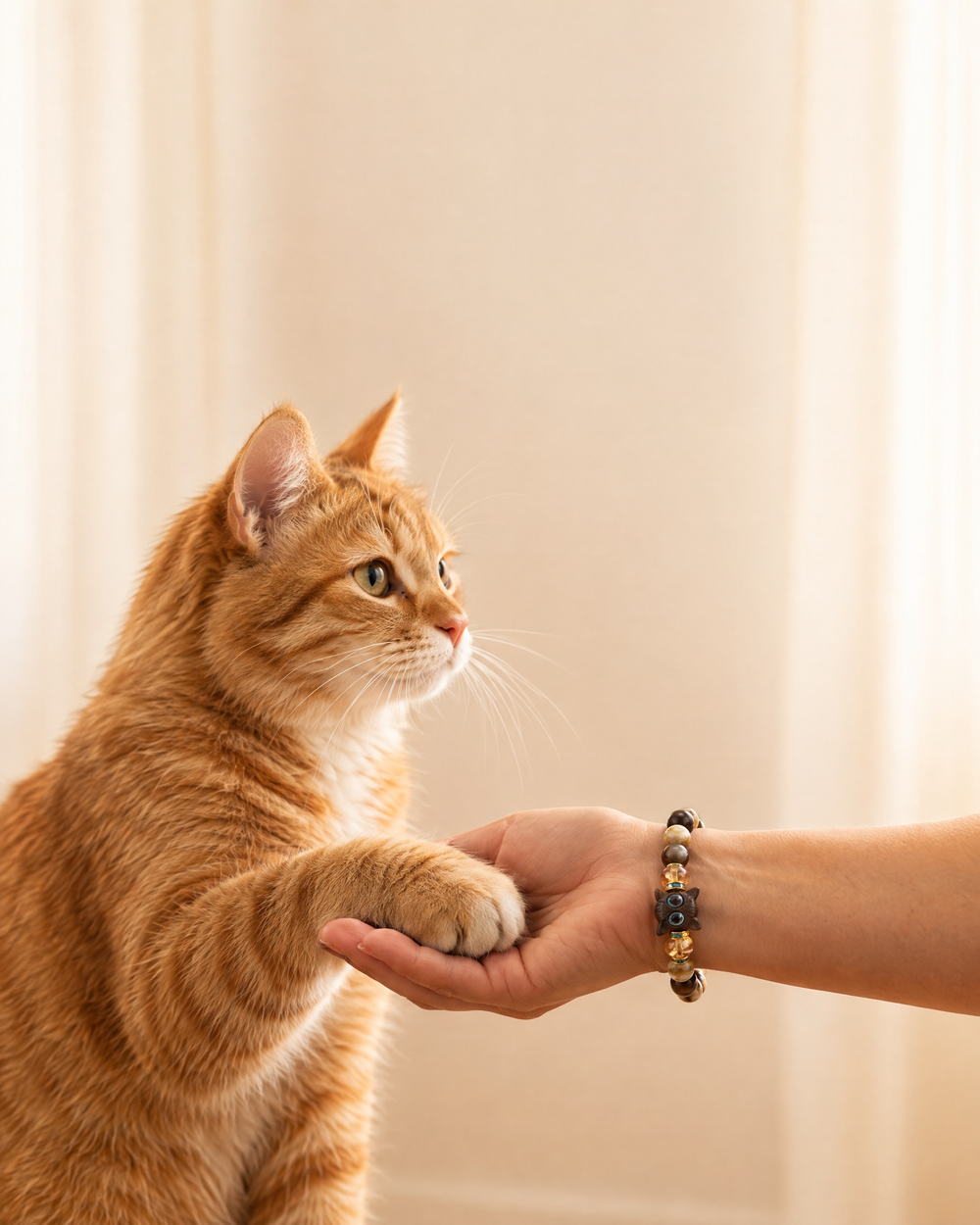 Γάτα δίνει το πατουσάκι της σε χέρι με βραχιόλι gatofagito