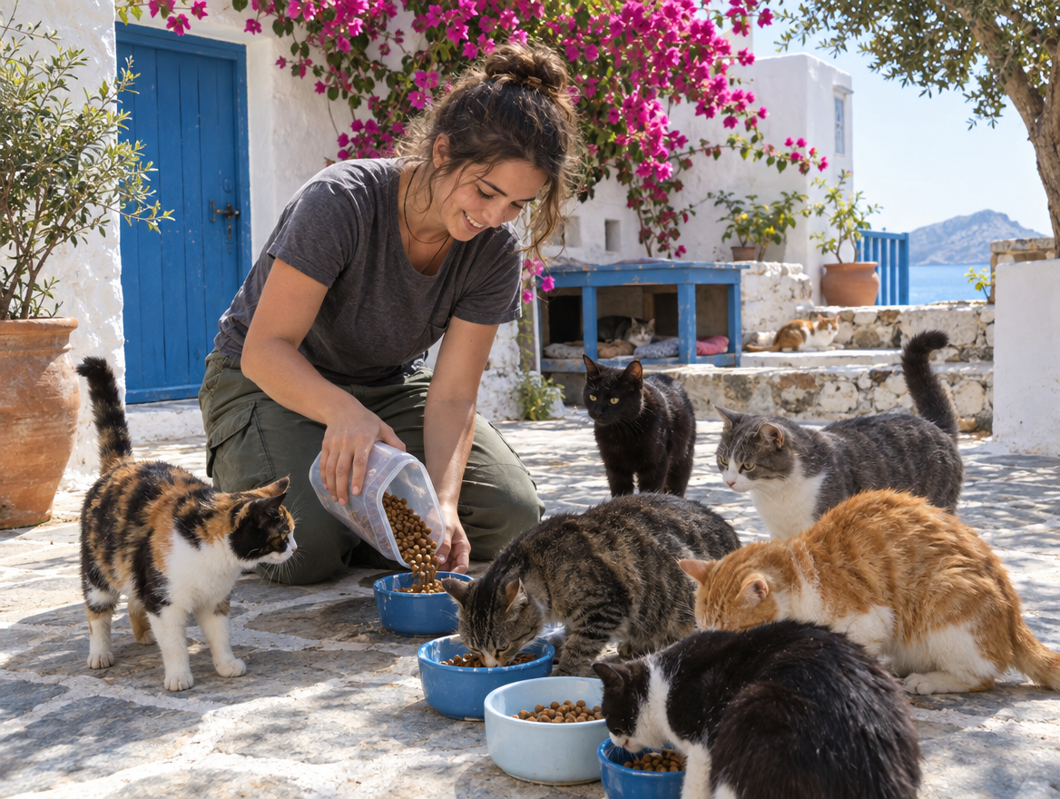 Εθελόντρια ταΐζει γάτες σε καταφύγιο
